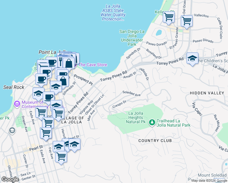 map of restaurants, bars, coffee shops, grocery stores, and more near 7728 Ludington Place in San Diego