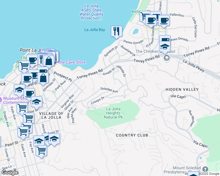 map of restaurants, bars, coffee shops, grocery stores, and more near 1702 Soledad Avenue in San Diego