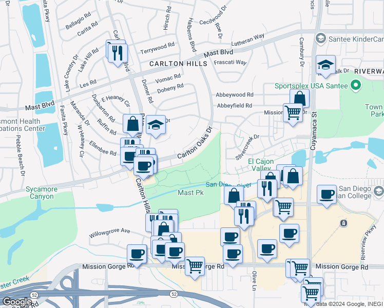 map of restaurants, bars, coffee shops, grocery stores, and more near 9404f Carlton Oaks Drive in Santee