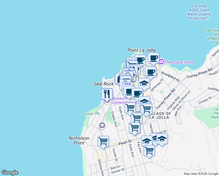 map of restaurants, bars, coffee shops, grocery stores, and more near in San Diego