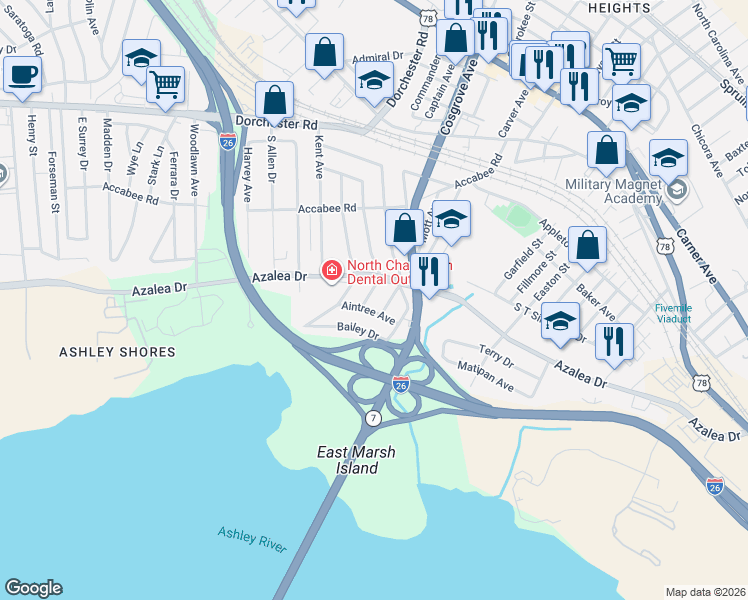 map of restaurants, bars, coffee shops, grocery stores, and more near 2366 Suffolk Street in North Charleston