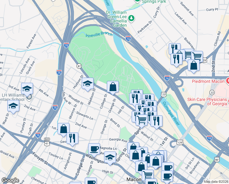 map of restaurants, bars, coffee shops, grocery stores, and more near 1100-1198 Jones St Ln in Macon