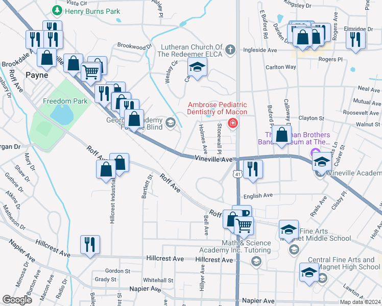 map of restaurants, bars, coffee shops, grocery stores, and more near 110 Desoto Place in Macon