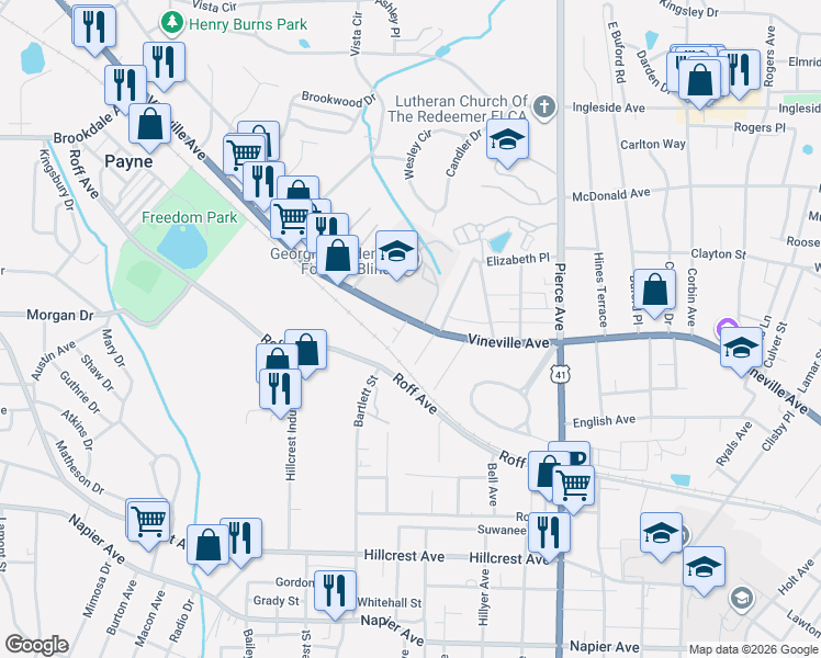map of restaurants, bars, coffee shops, grocery stores, and more near 2870 Vineville Avenue in Macon