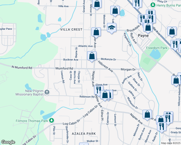 map of restaurants, bars, coffee shops, grocery stores, and more near 3631 West Napier Avenue in Macon