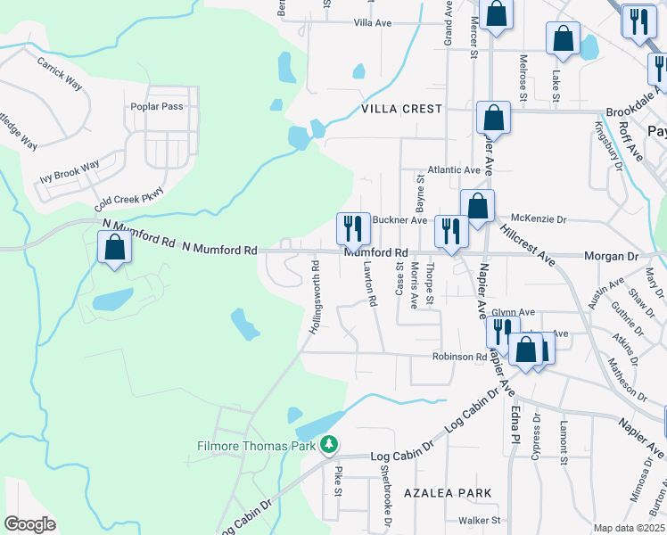 map of restaurants, bars, coffee shops, grocery stores, and more near 4338 Mumford Road in Macon