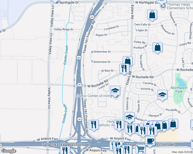 map of restaurants, bars, coffee shops, grocery stores, and more near 2937 Avicenna Street in Irving