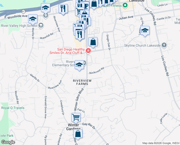 map of restaurants, bars, coffee shops, grocery stores, and more near in Winter Gardens