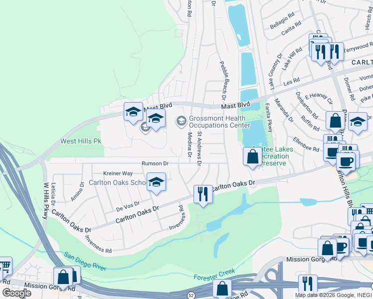 map of restaurants, bars, coffee shops, grocery stores, and more near 9428 Medina Drive in Santee