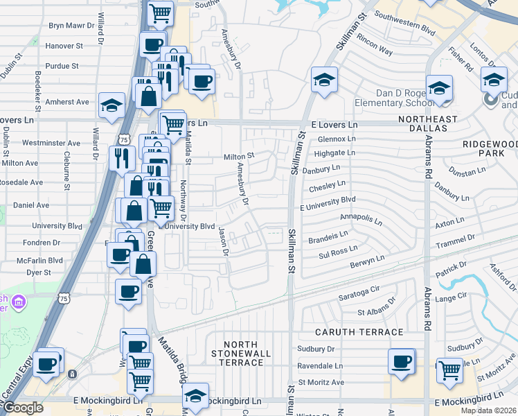 map of restaurants, bars, coffee shops, grocery stores, and more near East University Boulevard in Dallas