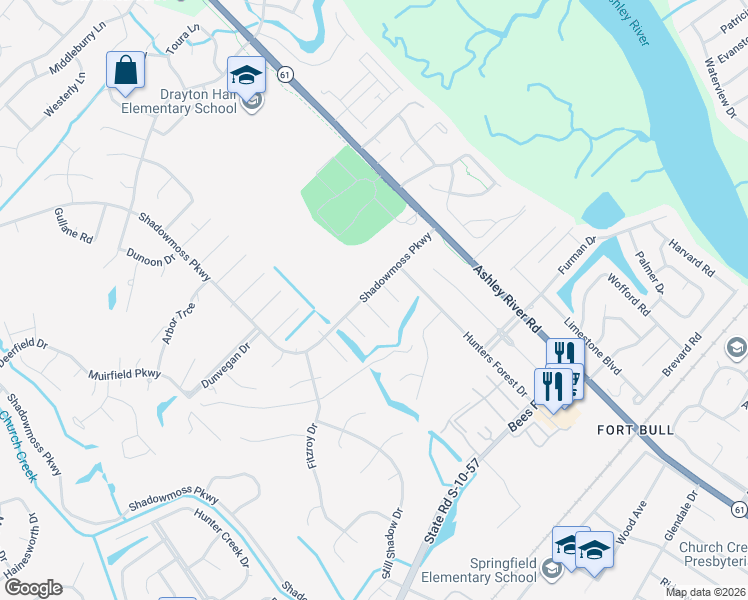 map of restaurants, bars, coffee shops, grocery stores, and more near 21 Shadowmoss Parkway in Charleston