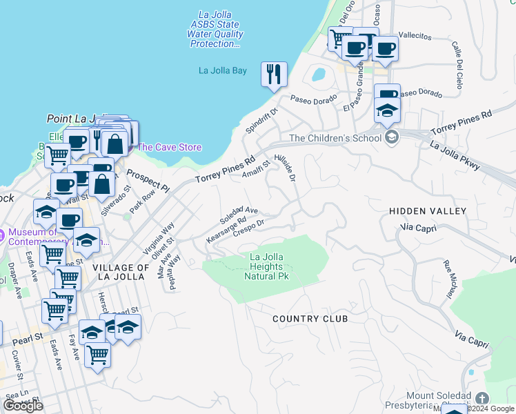map of restaurants, bars, coffee shops, grocery stores, and more near 1702 Soledad Avenue in San Diego