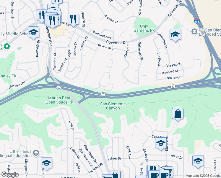 map of restaurants, bars, coffee shops, grocery stores, and more near 5725 Ferber Street in San Diego