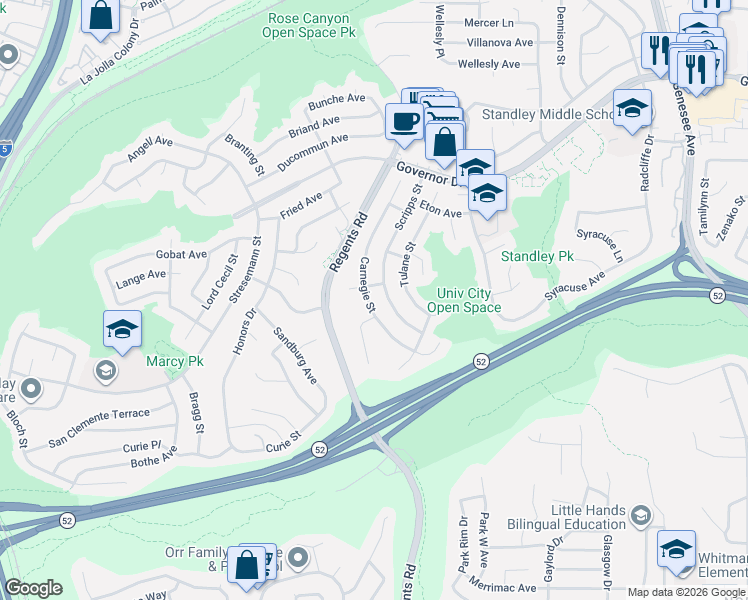 map of restaurants, bars, coffee shops, grocery stores, and more near 5761 Carnegie Street in San Diego
