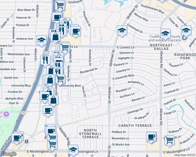 map of restaurants, bars, coffee shops, grocery stores, and more near 6015 East University Boulevard in Dallas