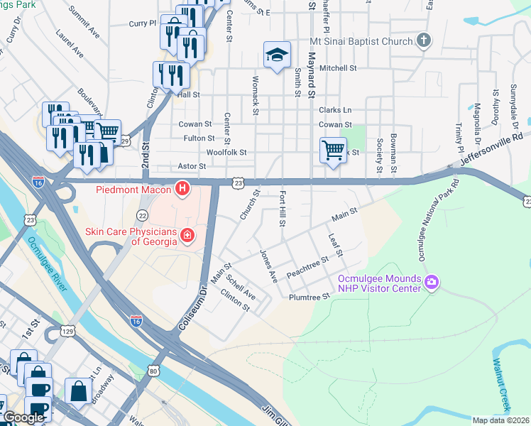 map of restaurants, bars, coffee shops, grocery stores, and more near 510 Fort Hill Street in Macon