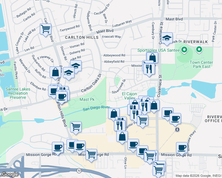 map of restaurants, bars, coffee shops, grocery stores, and more near 343 River Trail Place in Santee