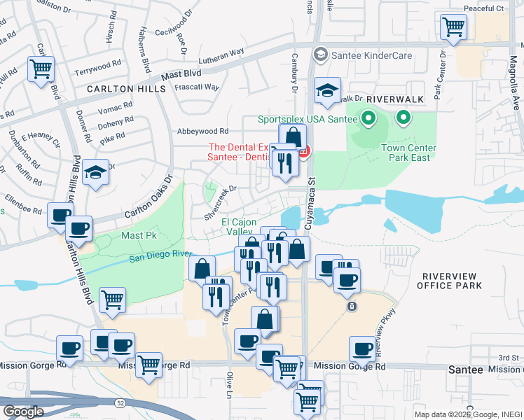 map of restaurants, bars, coffee shops, grocery stores, and more near 294 Brookview Court in Santee