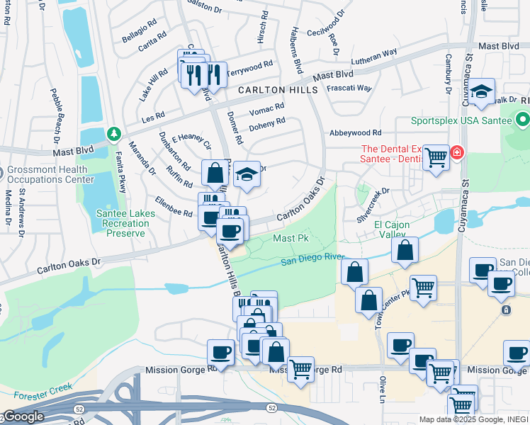 map of restaurants, bars, coffee shops, grocery stores, and more near 9344 Carlton Oaks Drive in Santee