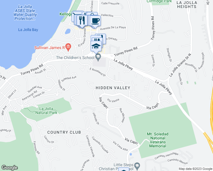 map of restaurants, bars, coffee shops, grocery stores, and more near 2585 Hidden Valley Road in San Diego