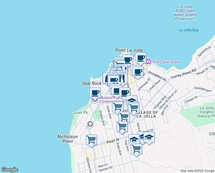 map of restaurants, bars, coffee shops, grocery stores, and more near 231 Jenner Street in San Diego
