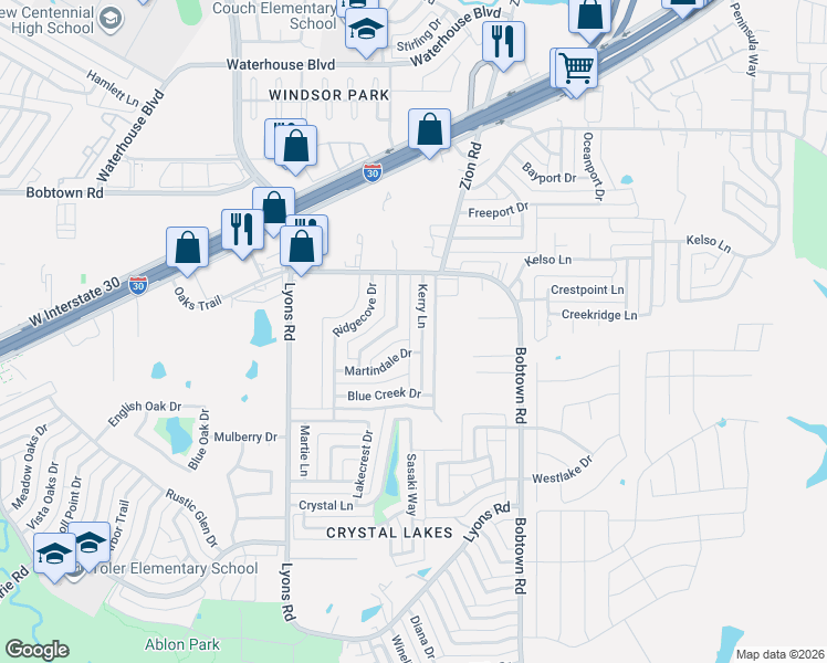 map of restaurants, bars, coffee shops, grocery stores, and more near 5602 Kerry Lane in Garland