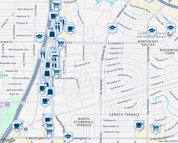 map of restaurants, bars, coffee shops, grocery stores, and more near 6015 East University Boulevard in Dallas