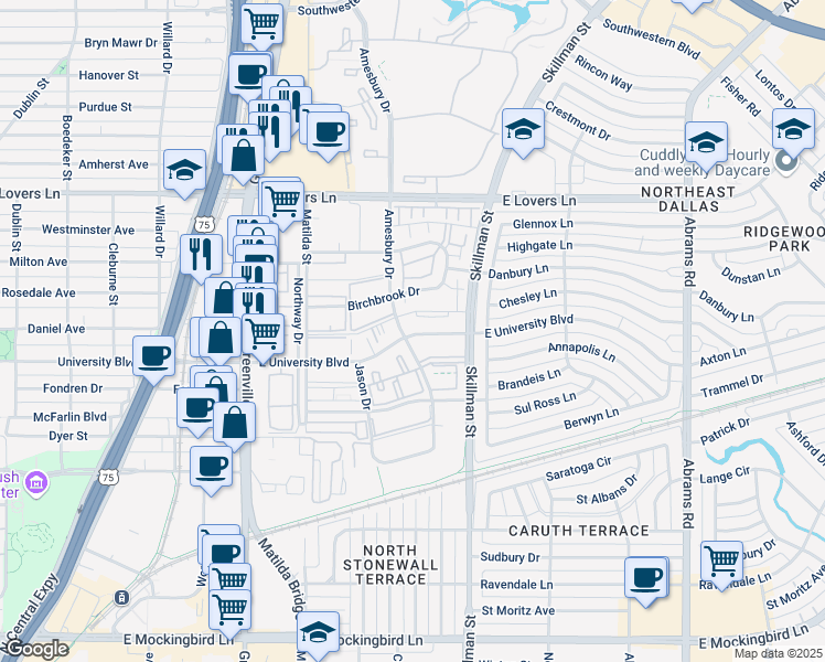 map of restaurants, bars, coffee shops, grocery stores, and more near 6015 East University Boulevard in Dallas