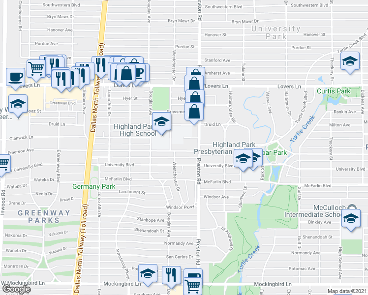 map of restaurants, bars, coffee shops, grocery stores, and more near 4125 Glenwick Lane in Dallas