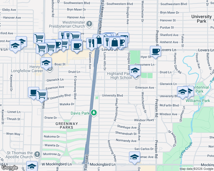map of restaurants, bars, coffee shops, grocery stores, and more near 4427 Glenwick Lane in Dallas