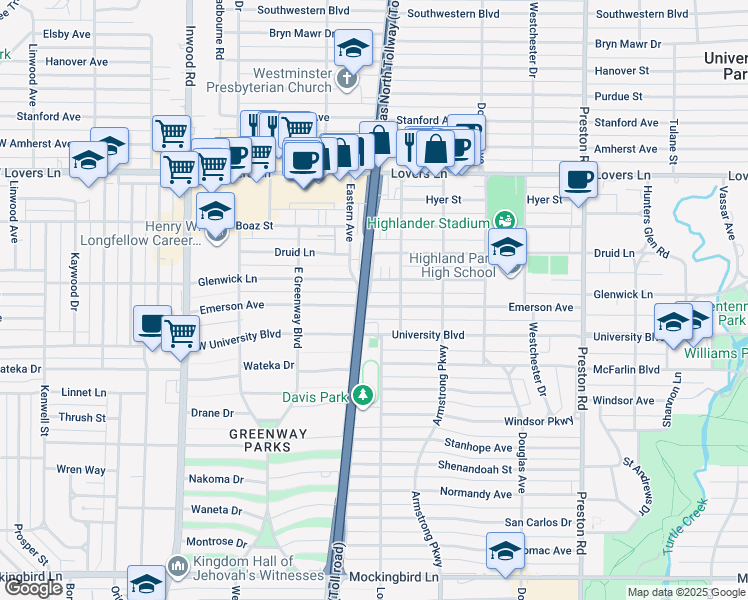 map of restaurants, bars, coffee shops, grocery stores, and more near 4554 Glenwick Lane in Dallas