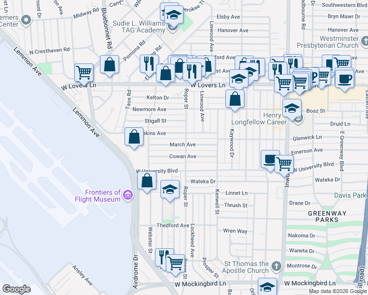 map of restaurants, bars, coffee shops, grocery stores, and more near 4617 March Avenue in Dallas