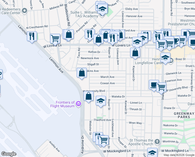 map of restaurants, bars, coffee shops, grocery stores, and more near 4519 March Avenue in Dallas