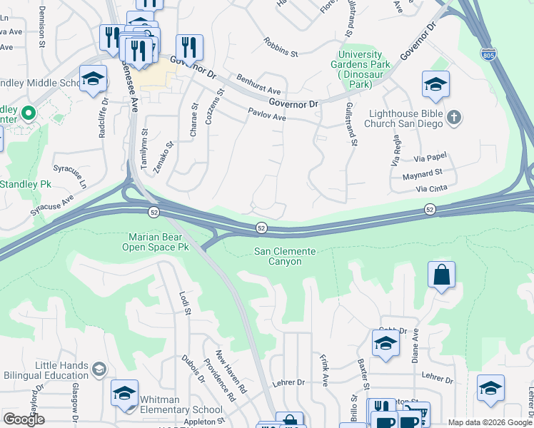 map of restaurants, bars, coffee shops, grocery stores, and more near 5725 Ferber Street in San Diego