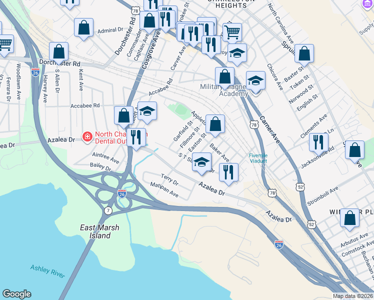 map of restaurants, bars, coffee shops, grocery stores, and more near 2222 Easton Street in North Charleston