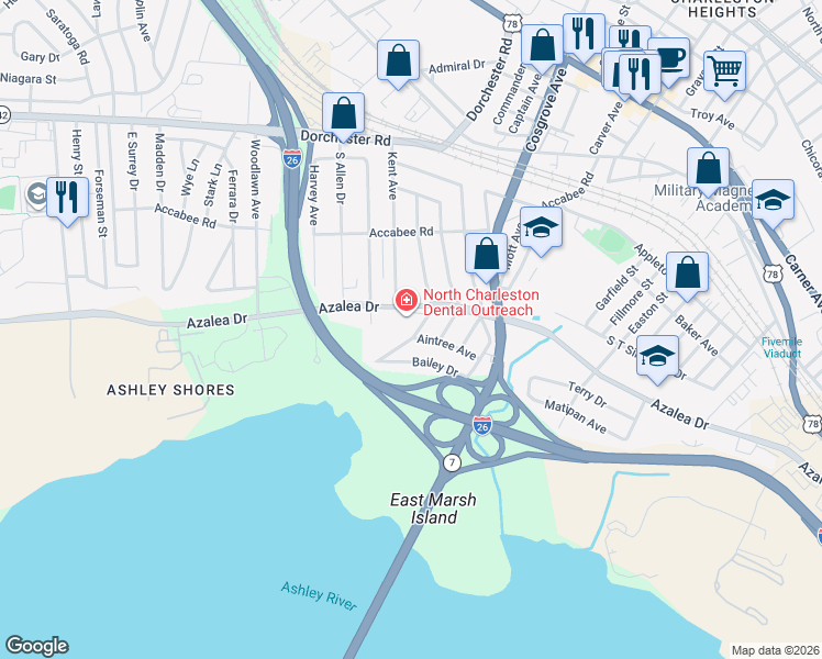 map of restaurants, bars, coffee shops, grocery stores, and more near 3625 Azalea Drive in North Charleston