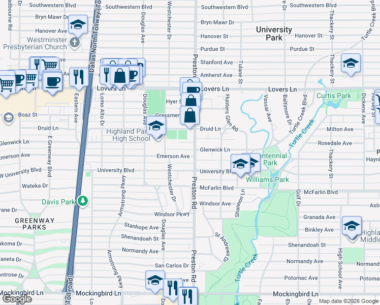 map of restaurants, bars, coffee shops, grocery stores, and more near 4044 Glenwick Lane in Dallas