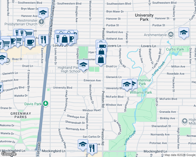 map of restaurants, bars, coffee shops, grocery stores, and more near 4125 Glenwick Lane in Dallas