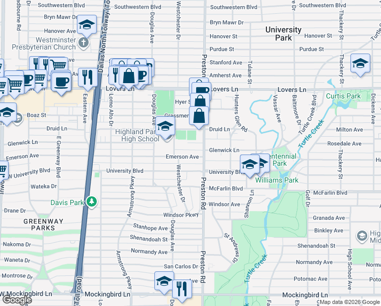 map of restaurants, bars, coffee shops, grocery stores, and more near 4125 Glenwick Lane in Dallas