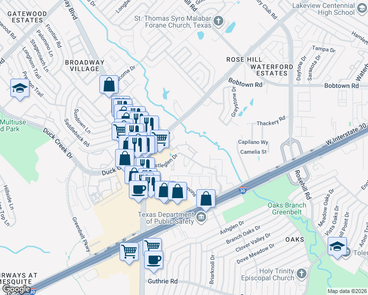 map of restaurants, bars, coffee shops, grocery stores, and more near 608 Rowlett Road in Garland