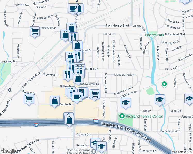 map of restaurants, bars, coffee shops, grocery stores, and more near 6885 Meadow Crest Drive in North Richland Hills