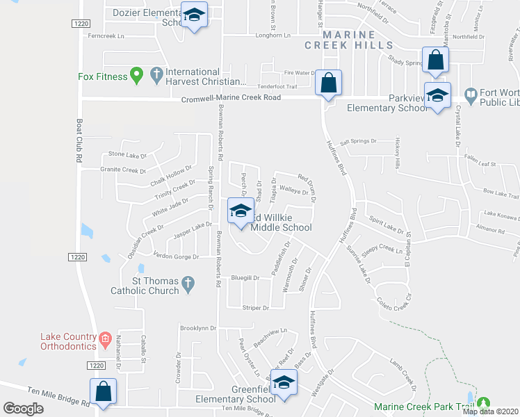 map of restaurants, bars, coffee shops, grocery stores, and more near 6108 Shad Drive in Fort Worth