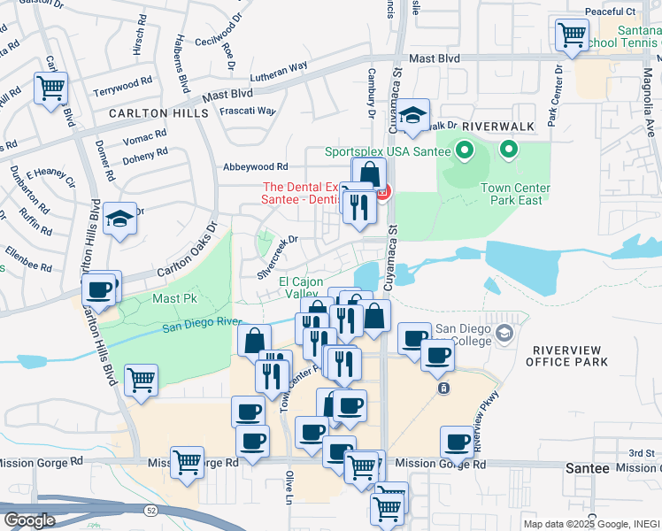 map of restaurants, bars, coffee shops, grocery stores, and more near 257 Brookview Court in Santee