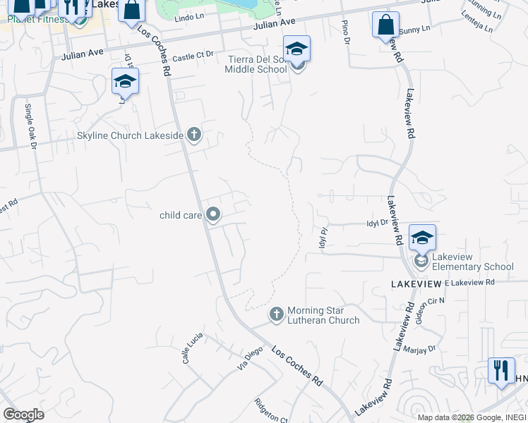 map of restaurants, bars, coffee shops, grocery stores, and more near 12690 Rodeo Drive in Lakeside