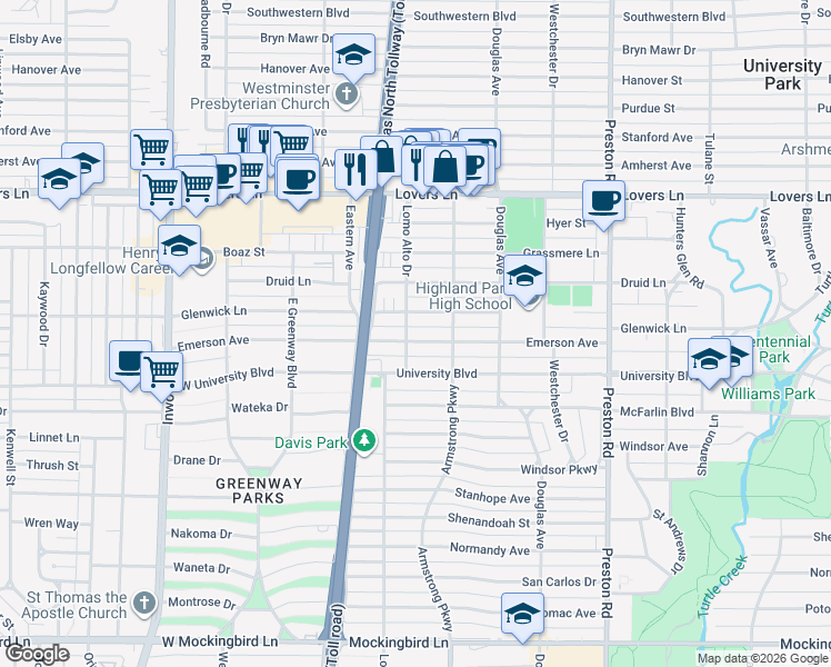 map of restaurants, bars, coffee shops, grocery stores, and more near 4427 Glenwick Lane in Dallas