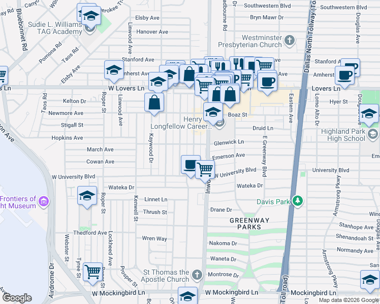 map of restaurants, bars, coffee shops, grocery stores, and more near 7418 Morton Street in Dallas