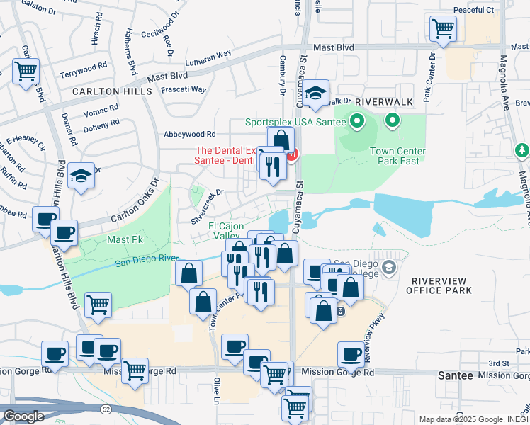 map of restaurants, bars, coffee shops, grocery stores, and more near 257 Brookview Court in Santee