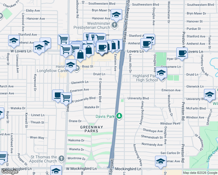 map of restaurants, bars, coffee shops, grocery stores, and more near 5512 Glenwick Lane in Dallas