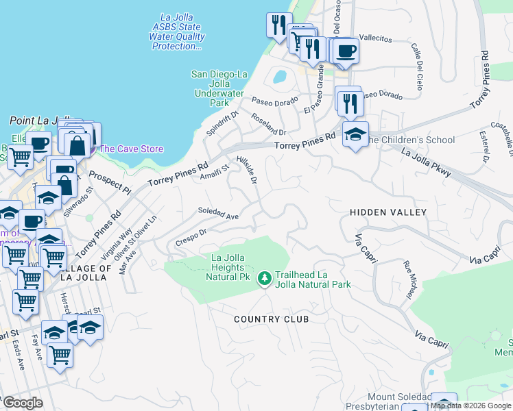 map of restaurants, bars, coffee shops, grocery stores, and more near 1865 Soledad Avenue in San Diego