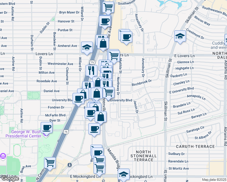 map of restaurants, bars, coffee shops, grocery stores, and more near 16A Northway Drive in Dallas